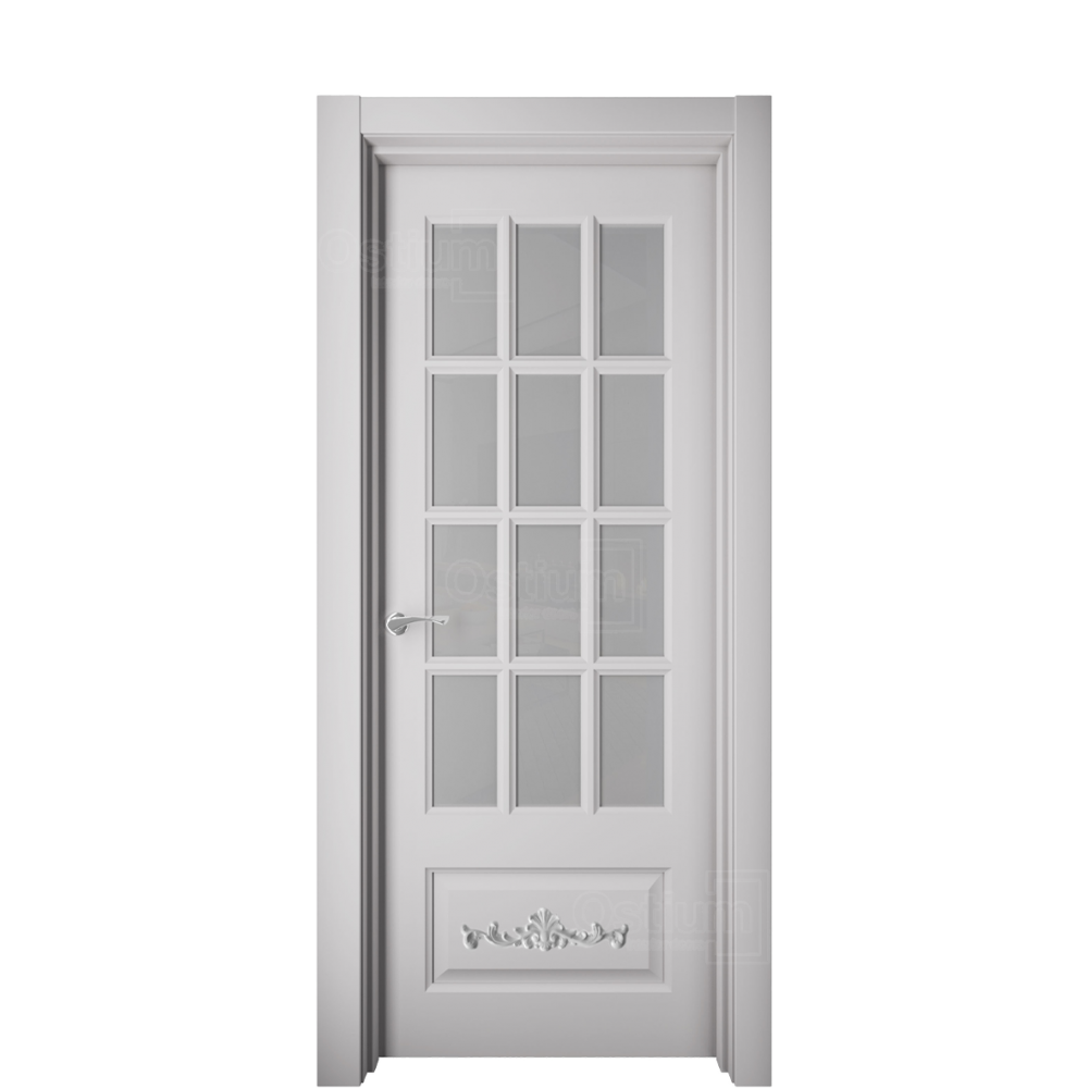 Межкомнатная дверь Ostium Elegance  Е 18 ДО стекло 5 с лепниной Белый матовый
